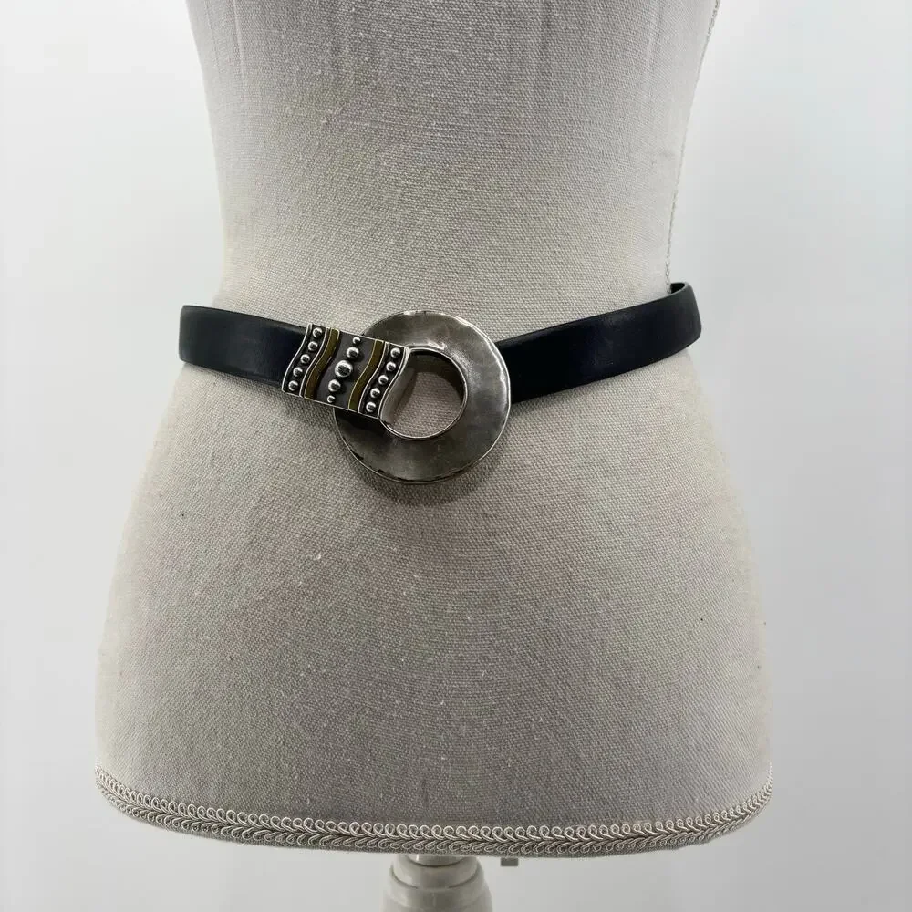 Chicos Womens Small Medium Black Leather Belt Circle Hook Buckle